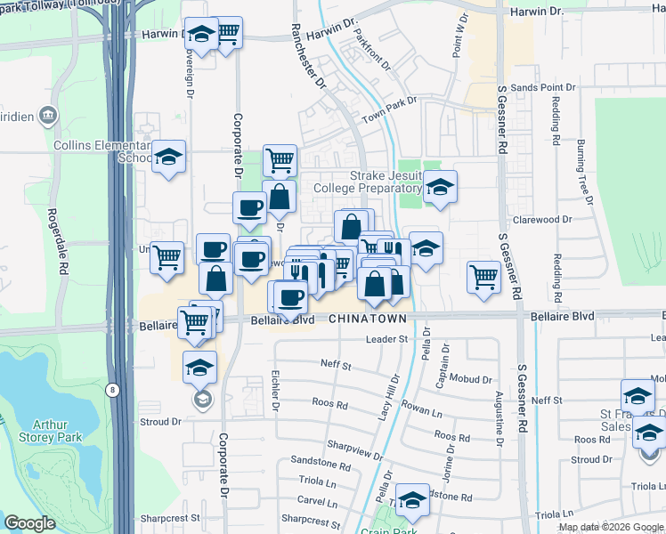 map of restaurants, bars, coffee shops, grocery stores, and more near 9229 Clarewood Drive in Houston