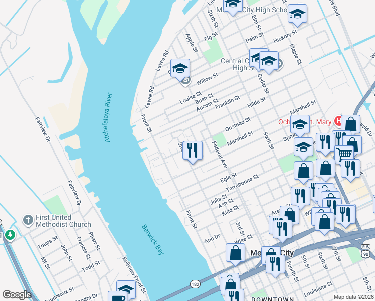 map of restaurants, bars, coffee shops, grocery stores, and more near 337-367 Onstead St in Morgan City