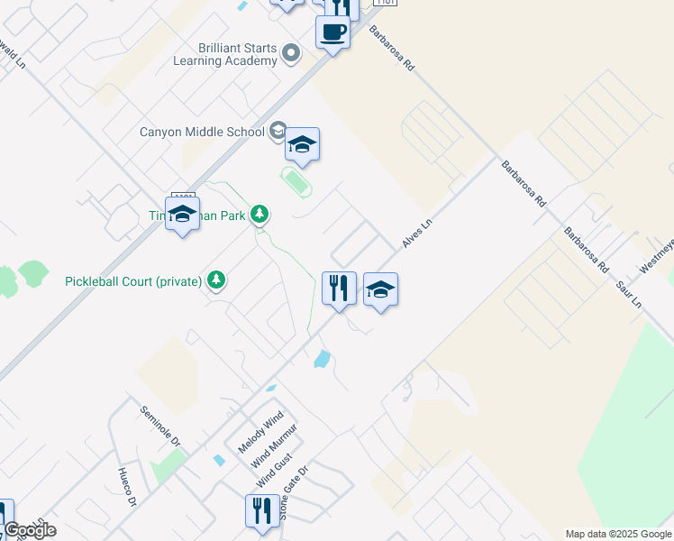 map of restaurants, bars, coffee shops, grocery stores, and more near 570 Creekside Circle in New Braunfels