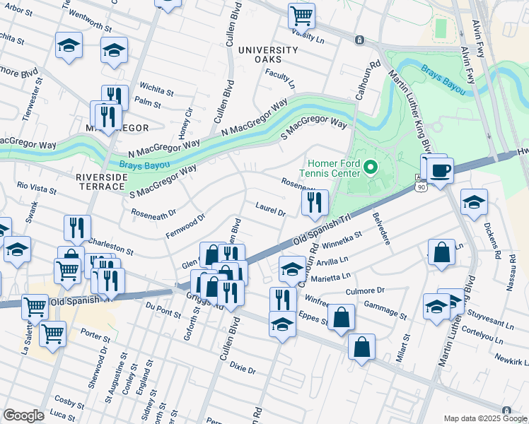 map of restaurants, bars, coffee shops, grocery stores, and more near 4311 Laurel Drive in Houston