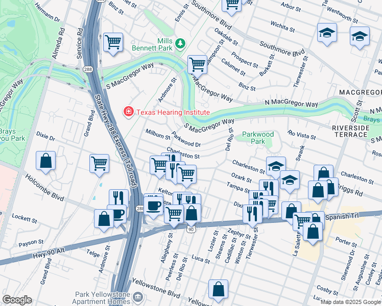 map of restaurants, bars, coffee shops, grocery stores, and more near 3318 Parkwood Drive in Houston