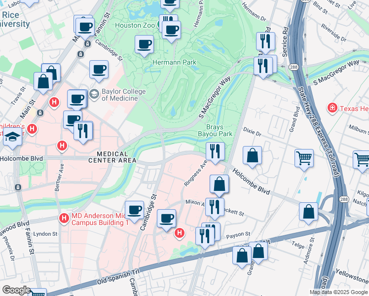 map of restaurants, bars, coffee shops, grocery stores, and more near 2001 Holcombe Boulevard in Houston