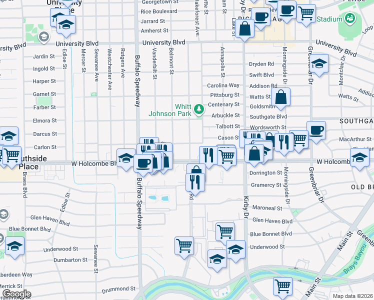 map of restaurants, bars, coffee shops, grocery stores, and more near 2924 Cason Street in Houston