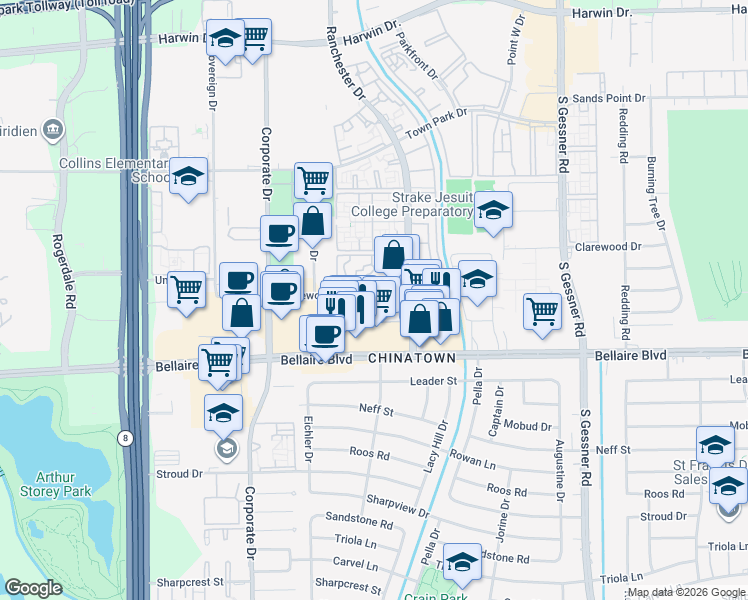 map of restaurants, bars, coffee shops, grocery stores, and more near 9229 Clarewood Drive in Houston