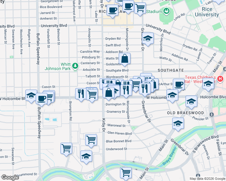 map of restaurants, bars, coffee shops, grocery stores, and more near 6607 Kelvin Drive in Houston