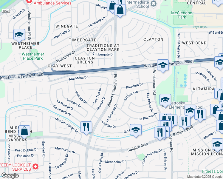 map of restaurants, bars, coffee shops, grocery stores, and more near 6602 Addicks Clodine Road in Houston