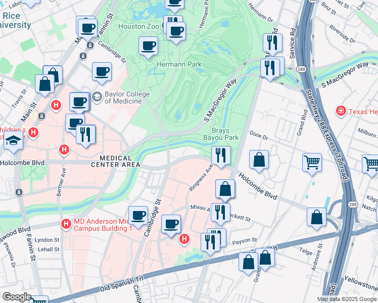 map of restaurants, bars, coffee shops, grocery stores, and more near 2001 Holcombe Boulevard in Houston