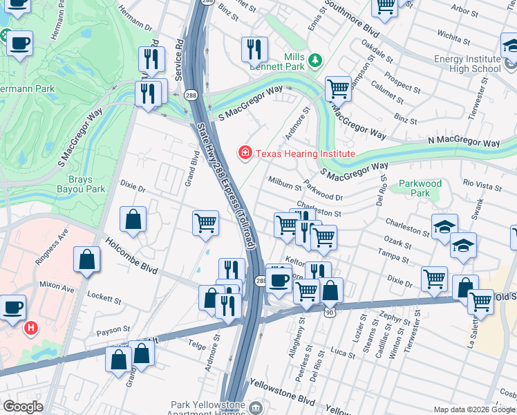 map of restaurants, bars, coffee shops, grocery stores, and more near 6017 Ardmore Street in Houston