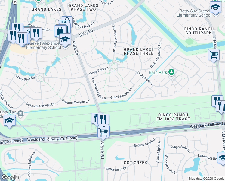 map of restaurants, bars, coffee shops, grocery stores, and more near 21703 Balsam Brook Lane in Katy