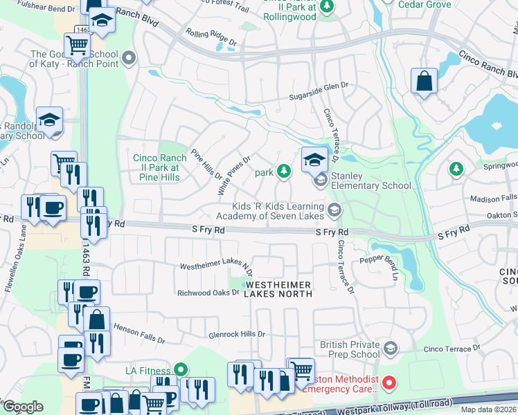 map of restaurants, bars, coffee shops, grocery stores, and more near 10002 Shortleaf Ridge Drive in Katy