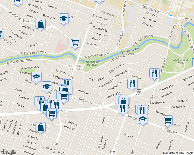 map of restaurants, bars, coffee shops, grocery stores, and more near 4003 Roseneath Drive in Houston