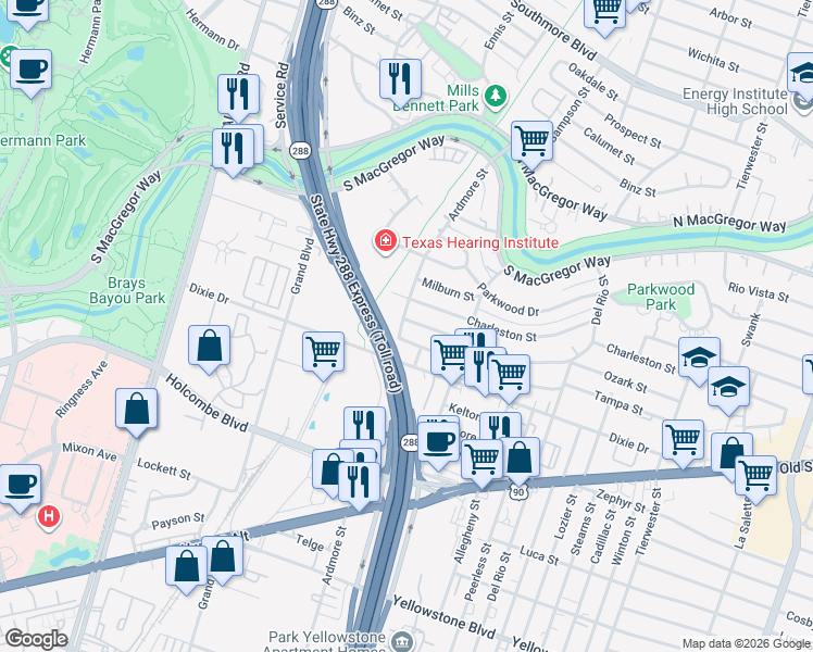 map of restaurants, bars, coffee shops, grocery stores, and more near 6017 Ardmore Street in Houston