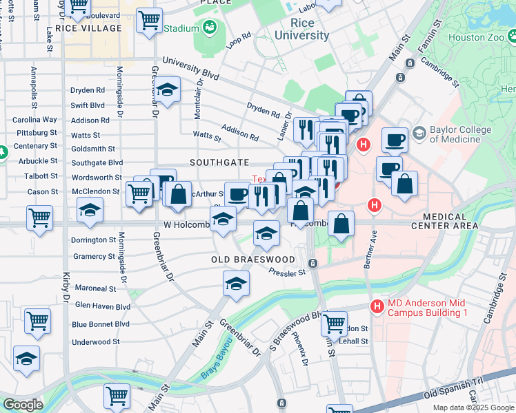 map of restaurants, bars, coffee shops, grocery stores, and more near 2019 Sheridan Street in Houston