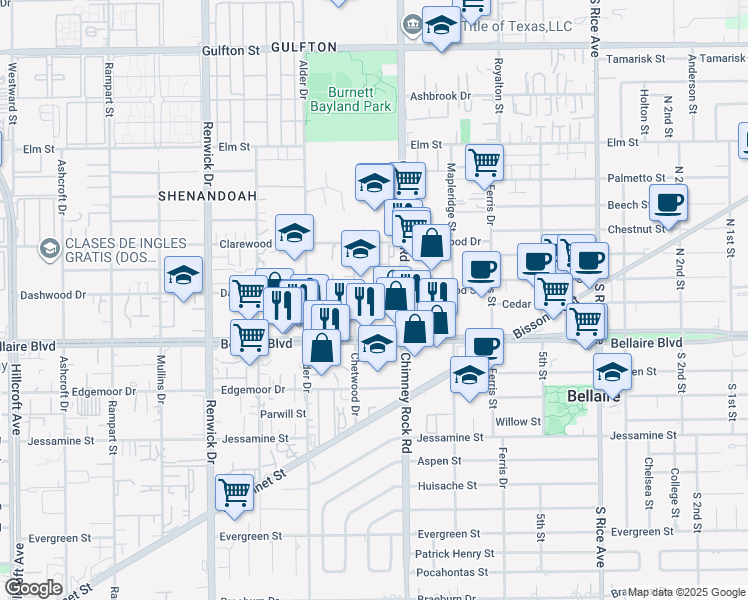 map of restaurants, bars, coffee shops, grocery stores, and more near 33 Dashwood Drive in Houston