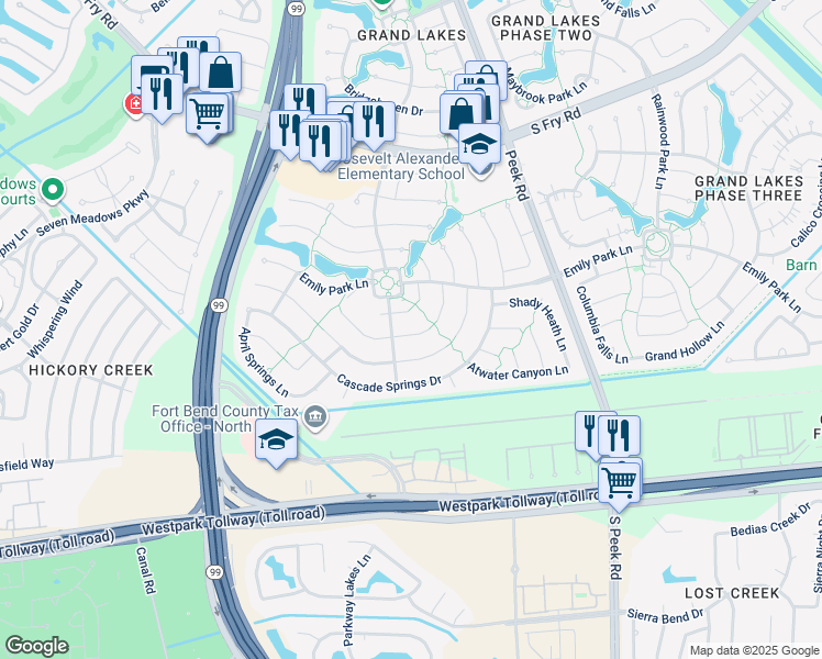 map of restaurants, bars, coffee shops, grocery stores, and more near 6138 Rachels Court in Katy