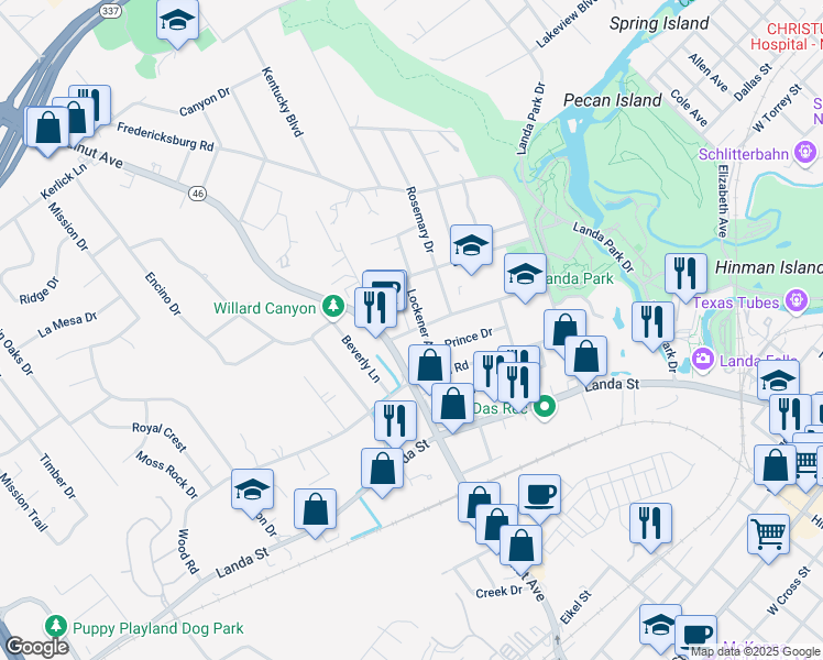 map of restaurants, bars, coffee shops, grocery stores, and more near 730 Howard Street in New Braunfels