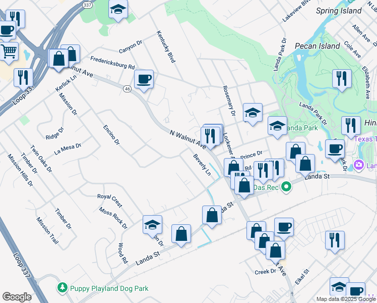 map of restaurants, bars, coffee shops, grocery stores, and more near 573 Beverly Lane in New Braunfels