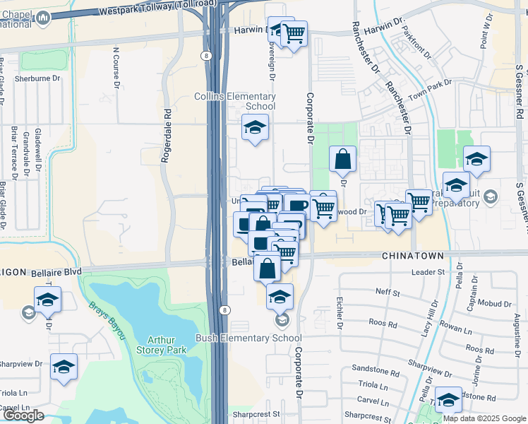 map of restaurants, bars, coffee shops, grocery stores, and more near 9888 United Drive in Houston