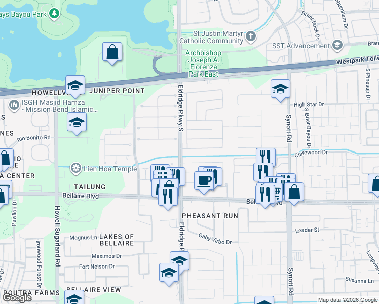 map of restaurants, bars, coffee shops, grocery stores, and more near 6516 Cape Forward Drive in Houston