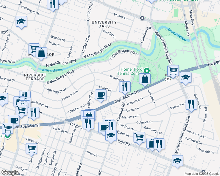 map of restaurants, bars, coffee shops, grocery stores, and more near 4410 Fernwood Drive in Houston