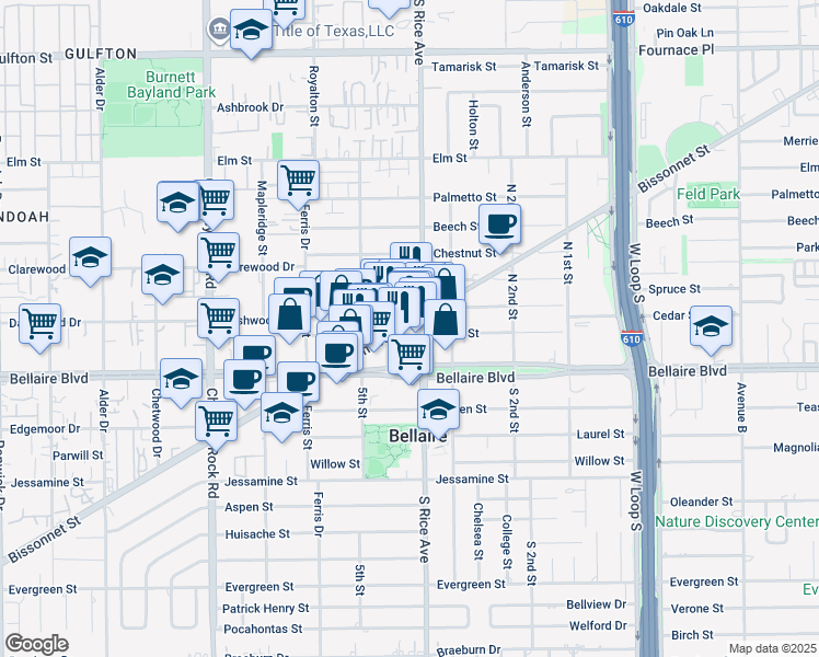 map of restaurants, bars, coffee shops, grocery stores, and more near 5106 Bissonnet Street in Bellaire