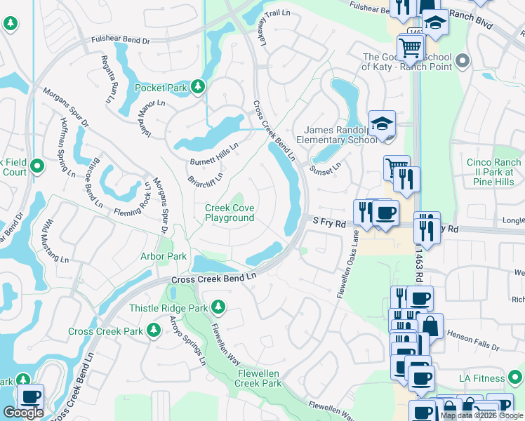 map of restaurants, bars, coffee shops, grocery stores, and more near 5510 Mustang Ridge Lane in Katy