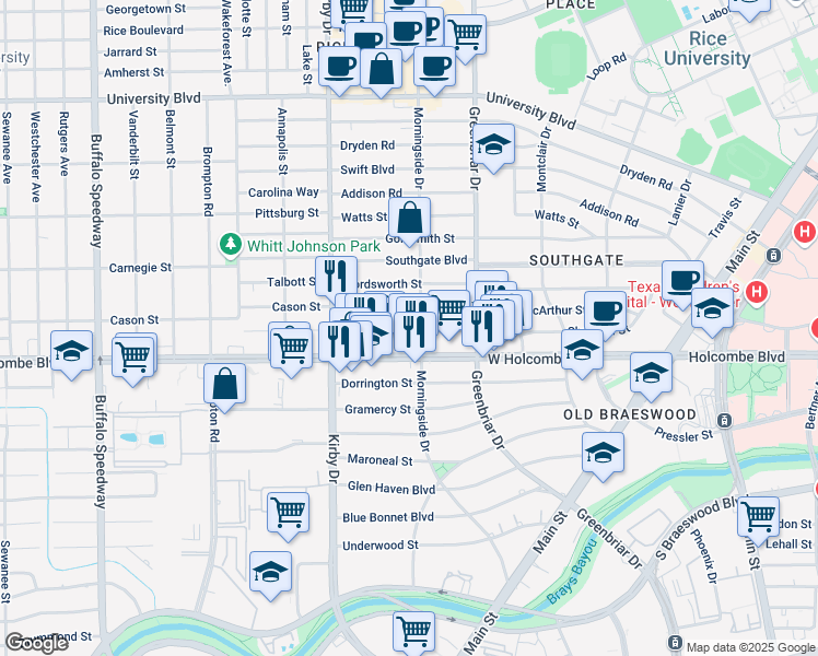 map of restaurants, bars, coffee shops, grocery stores, and more near 6704 Morningside Drive in Houston
