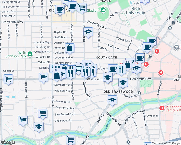map of restaurants, bars, coffee shops, grocery stores, and more near 6804 Bellgreen Drive in Houston