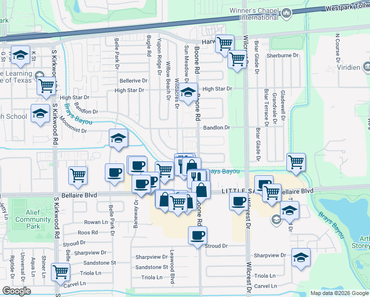 map of restaurants, bars, coffee shops, grocery stores, and more near 4435 Wildacres Drive in Houston