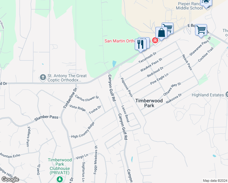 map of restaurants, bars, coffee shops, grocery stores, and more near 27703 Lasso Bend in San Antonio
