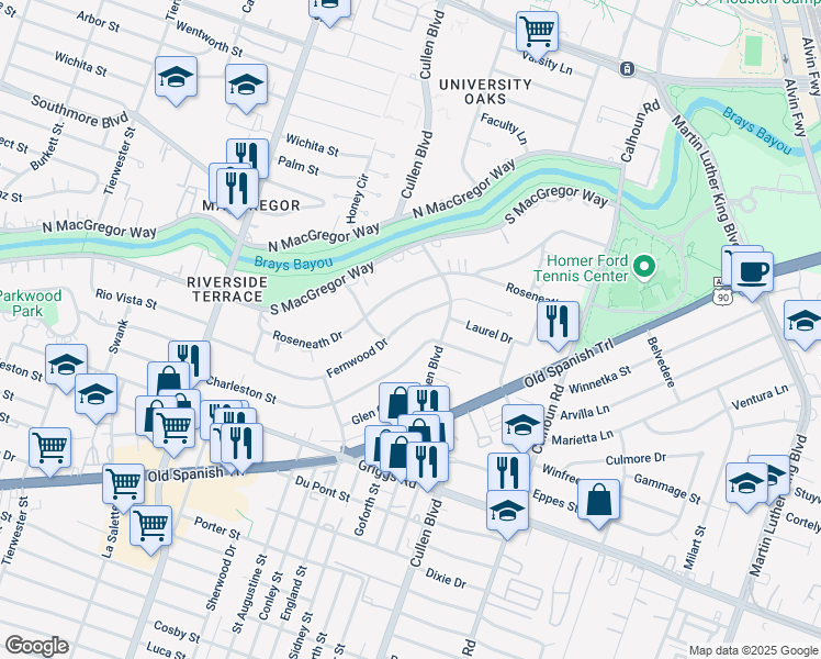 map of restaurants, bars, coffee shops, grocery stores, and more near 4128 Fernwood Drive in Houston