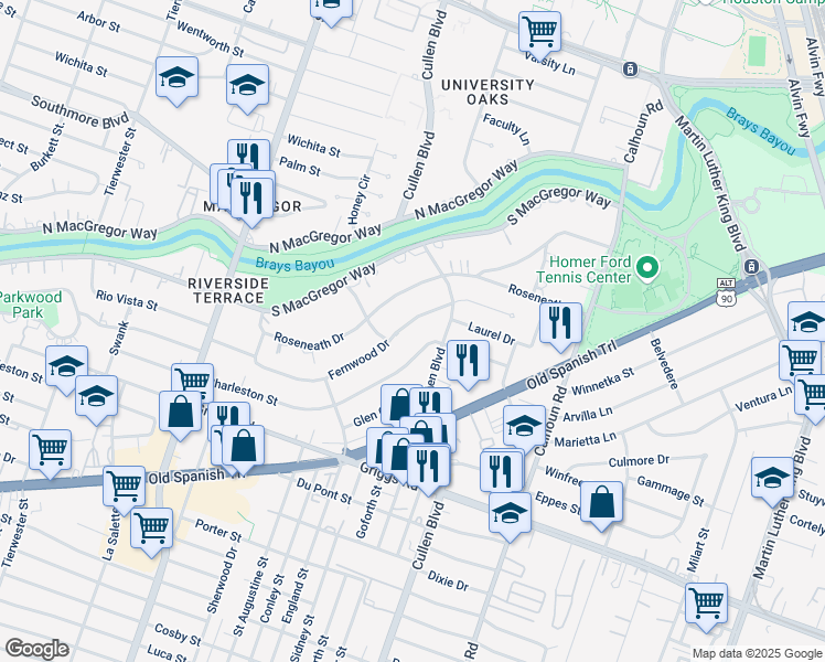 map of restaurants, bars, coffee shops, grocery stores, and more near 4128 Fernwood Drive in Houston
