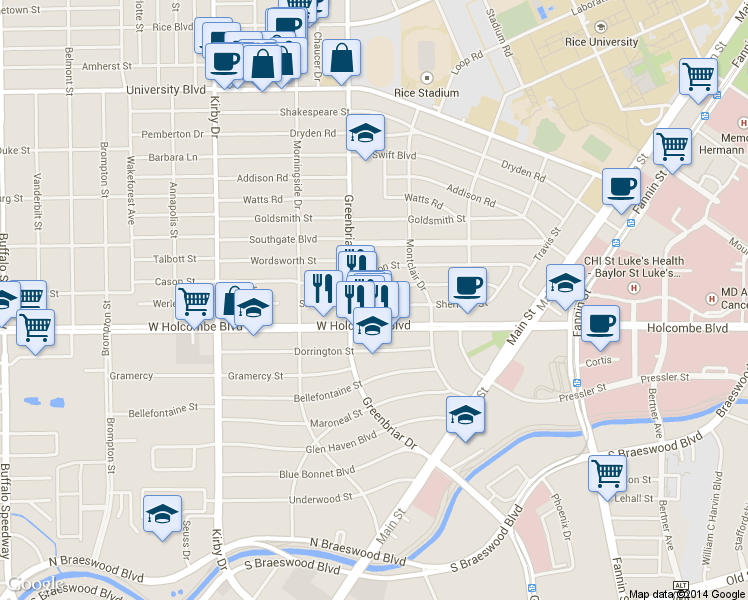 map of restaurants, bars, coffee shops, grocery stores, and more near 6804 Bellgreen Drive in Houston