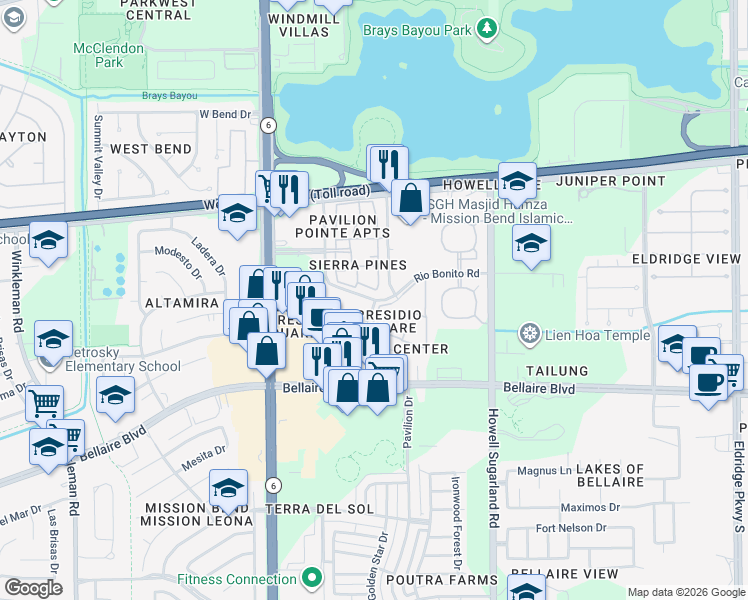 map of restaurants, bars, coffee shops, grocery stores, and more near 14408 Rio Bonito Road in Houston