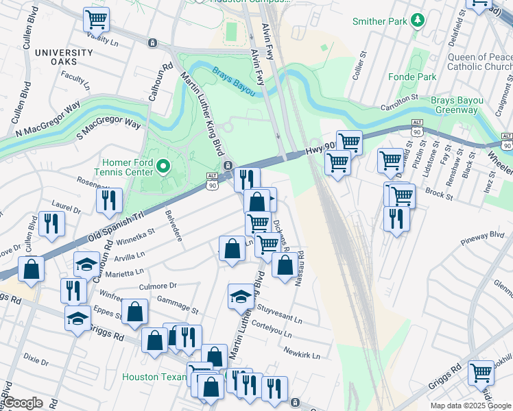 map of restaurants, bars, coffee shops, grocery stores, and more near 5130 Arvilla Lane in Houston