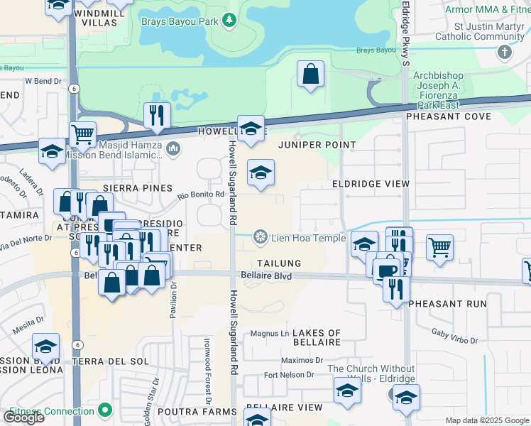 map of restaurants, bars, coffee shops, grocery stores, and more near 13939 Rio Bonito Drive in Houston