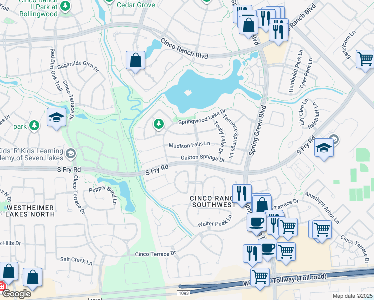 map of restaurants, bars, coffee shops, grocery stores, and more near 25403 Madison Falls Lane in Katy