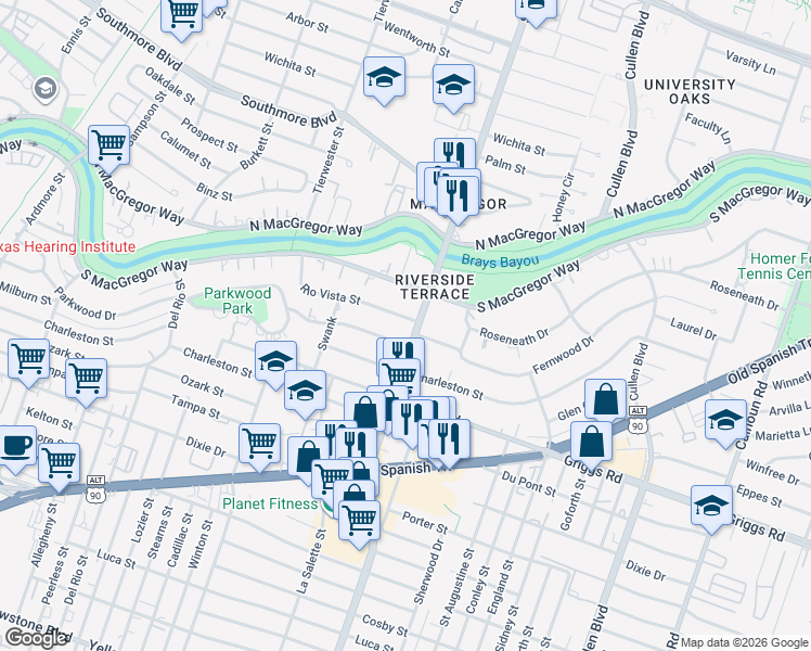 map of restaurants, bars, coffee shops, grocery stores, and more near 3756 Rio Vista Street in Houston