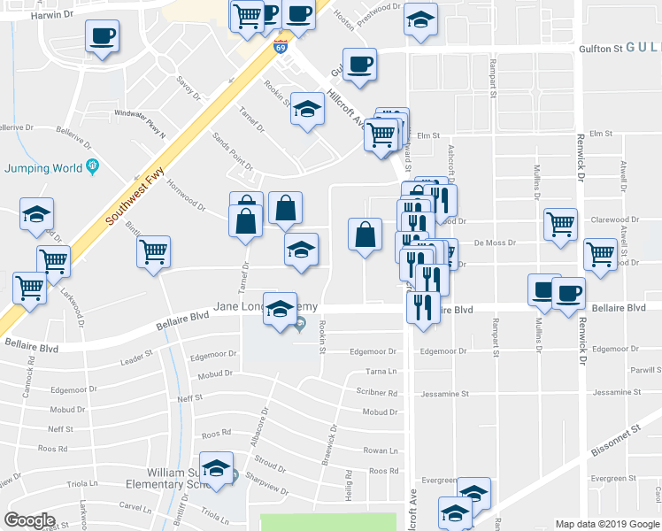 map of restaurants, bars, coffee shops, grocery stores, and more near in Houston