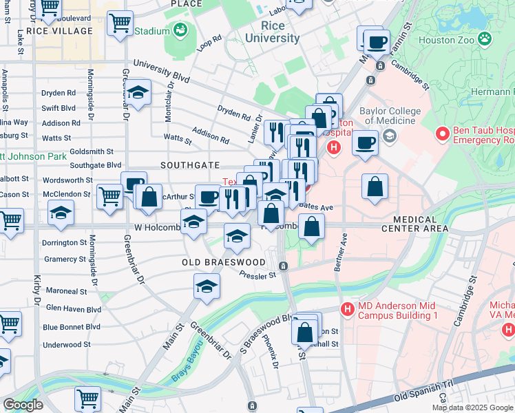 map of restaurants, bars, coffee shops, grocery stores, and more near 1805 Old Main Street in Houston