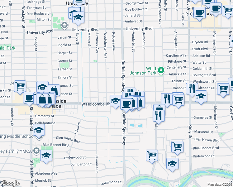 map of restaurants, bars, coffee shops, grocery stores, and more near 6647 Rutgers Avenue in Houston