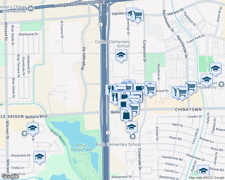 map of restaurants, bars, coffee shops, grocery stores, and more near 6601 West Sam Houston Parkway South in Houston