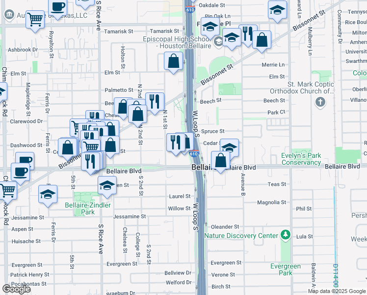 map of restaurants, bars, coffee shops, grocery stores, and more near 6700 West Loop South Freeway in Bellaire
