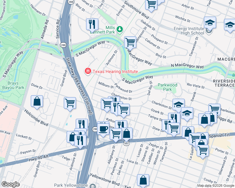 map of restaurants, bars, coffee shops, grocery stores, and more near 3305 Charleston Street in Houston