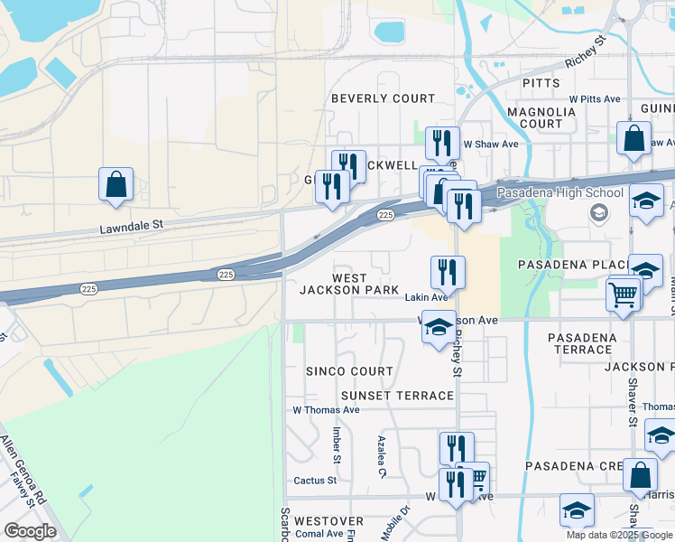 map of restaurants, bars, coffee shops, grocery stores, and more near 404 Finfrock Street in Pasadena