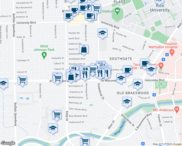 map of restaurants, bars, coffee shops, grocery stores, and more near 2319 McClendon Street in Houston