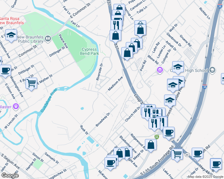 map of restaurants, bars, coffee shops, grocery stores, and more near 822 Madison Avenue in New Braunfels