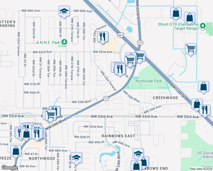 map of restaurants, bars, coffee shops, grocery stores, and more near 2424 Northwest 57th Place in Gainesville