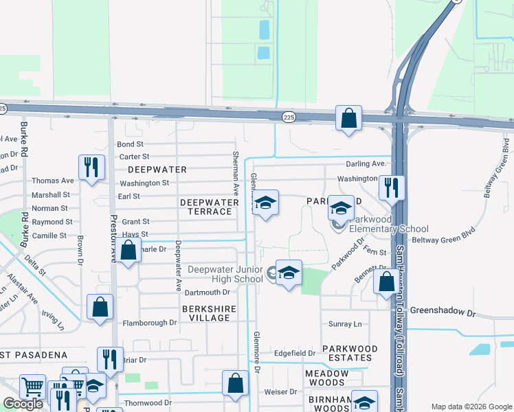 map of restaurants, bars, coffee shops, grocery stores, and more near 305 Glenmore Drive in Pasadena