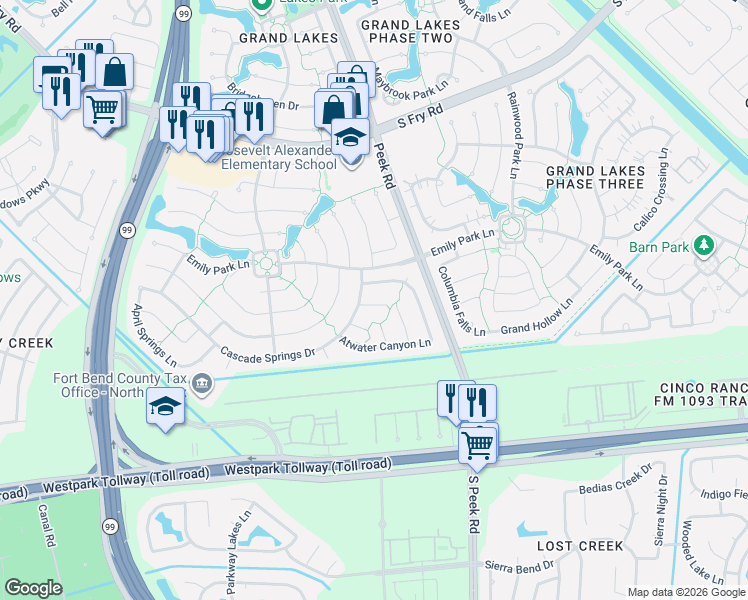 map of restaurants, bars, coffee shops, grocery stores, and more near 22118 Blossom Meadow Court in Katy